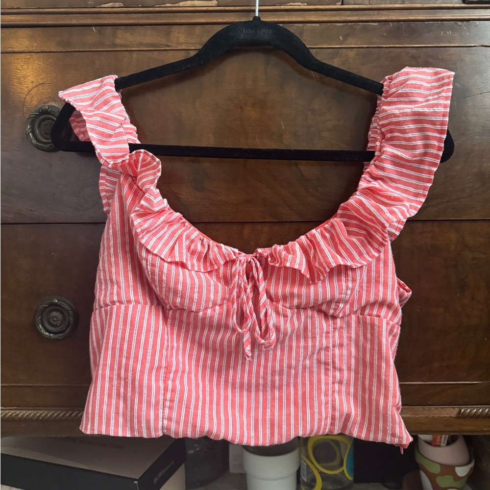 Free People Striped Ruffle Crop Top in Pink and White